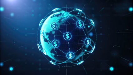 Obraz premium Digital Payments + Fintech + Financial Inclusion Digital globe with currency symbols, representing global finance and interconnected economies.