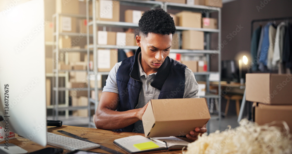 Poster man, check and box in warehouse for distribution of inventory management, online order and stock. pe