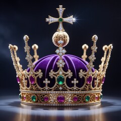 Golden crown isolated on black background with ancient and religious symbols, representing art and architecture from Asia, Russia, and Thailand, featuring intricate patterns and antique metal design