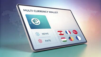 Digital Payments + Fintech + Financial Inclusion Digital display showcasing a multi-currency wallet interface with various international flags.