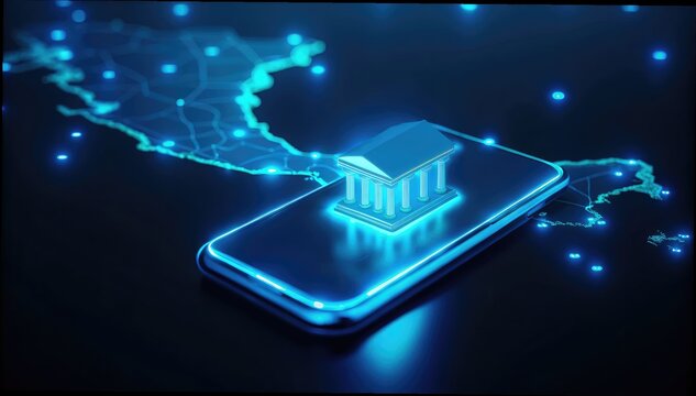 Digital Payments + Fintech + Financial Inclusion A digital representation of a bank on a smartphone with a glowing map background.