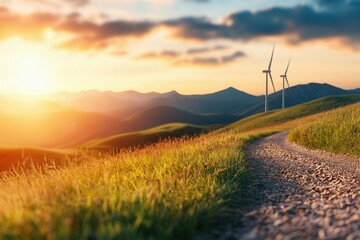 Obraz premium Wind power wind farm research future. Serene landscape with wind turbines and sunset in the background.
