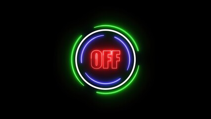 Off neon sign with bright red letters surrounded by glowing green and blue circular elements.