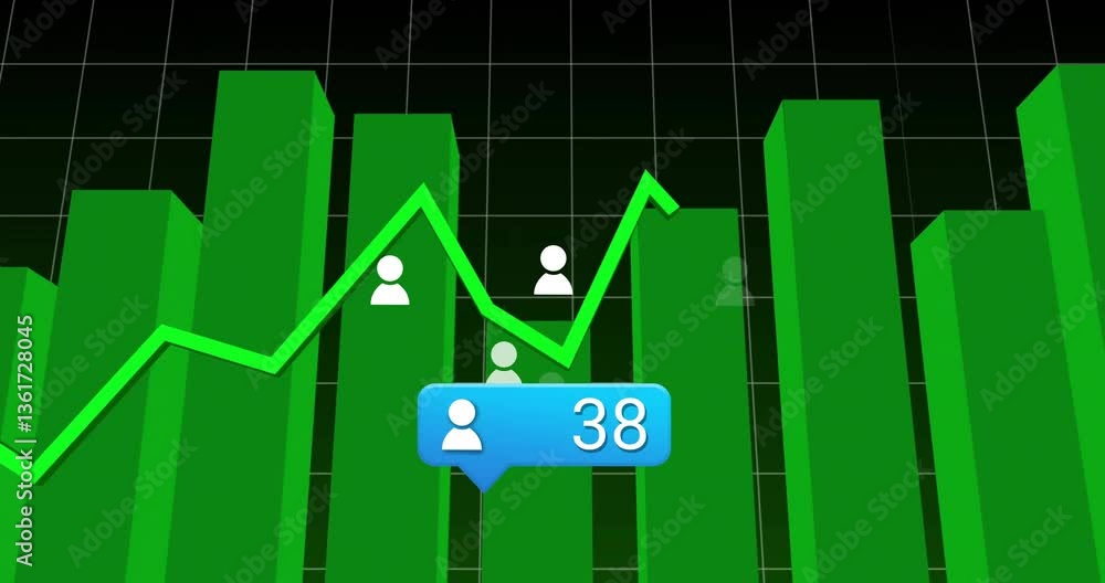 Poster animation of green bar graph with fluctuating line and user icon showing 47