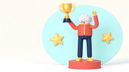 Know It All Confidence Cheerful character holding a trophy with stars in a colorful backdrop, celebrating a victory or achievement.