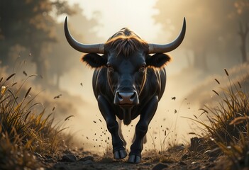 Naklejka premium Large angry bull charging on a dusty path in the countryside