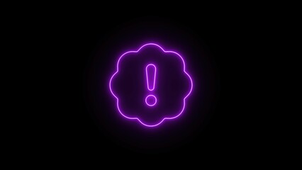 Glowing purple neon exclamation mark inside decorative badge shape against black background.