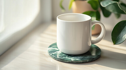 Fototapeta premium Minimalist white coffee mug on green marble coaster with natural sunlight illuminating a cozy indoor setting Generative AI