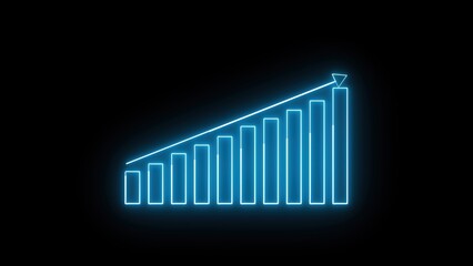 Glowing blue neon bar graph showing upward trend with arrow pointing to highest value.