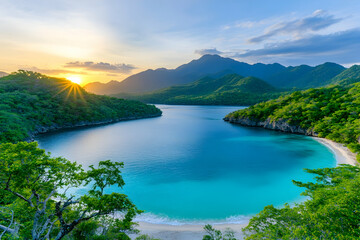Serene sunrise over a hidden cove with turquoise water and lush green mountains
