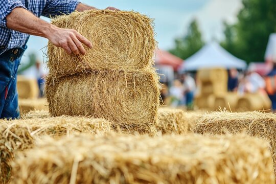 Farmer stacking square hay bales at a rural agricultural fair, wearing blue jeans and plaid shirt, demonstrating traditional farming practices for the community.