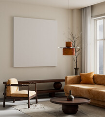 living room interior mock up with modern furnitures. Poster frame mock up in modern interior design. 3D illustration
