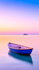 Fototapeta premium Serene sunrise over calm ocean with small boat and distant vessel