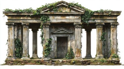 Ancient temple overgrown with vines, showcasing nature's reclamation in serene setting