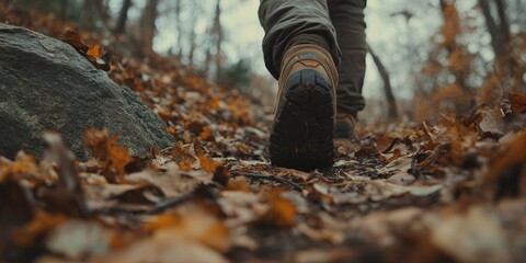 Autumn trail wander. Crunchy leaves and a weathered rock frame a solitary figure enjoying a peaceful woodland walk