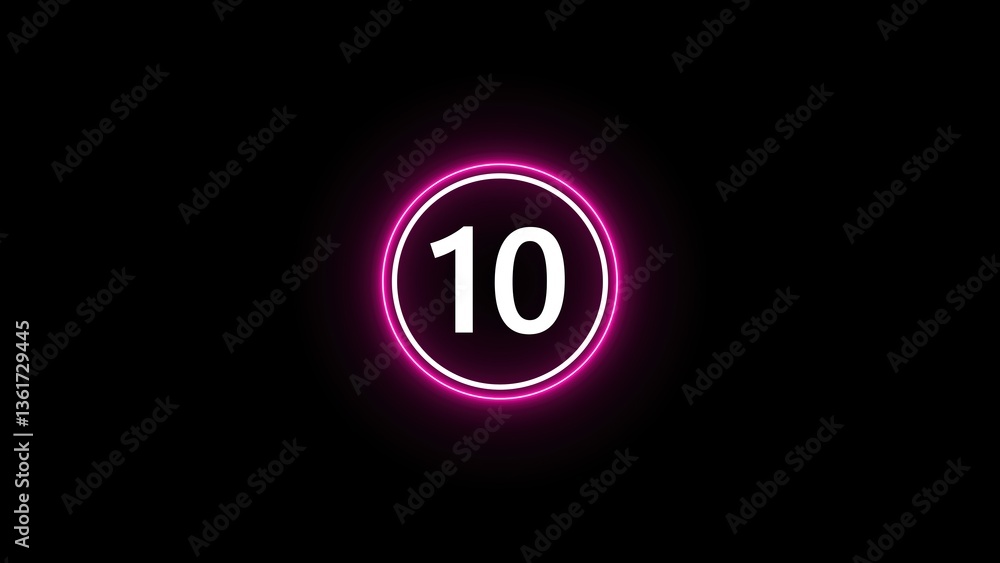 Poster a digital countdown timer displaying the number 10 in a glowing pink circle against a black backgrou