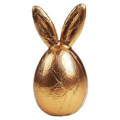 Obraz premium Golden foil wrapped Easter chocolate shaped like a bunny with ears, isolated on white transparent background. Festive holiday candy concept