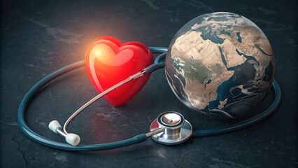 A symbolic healthcare representation with a glowing red heart and a stethoscope encircling a 3D-rendered globe, highlighting medical security worldwide.
