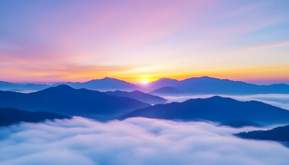 Fototapeta premium Serene sunrise over misty mountain range, vibrant pastel sky