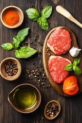 Juicy Raw Steak Cuts with Herbs and Spices