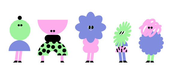 Geometric shape characters with cute face, emotion. Funny comic geometry figures for childish preschool. Rectangle, star, circle elements with eyes set. Isolated flat graphic vector illustration.