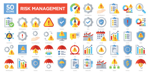 Fototapeta premium Risk management icon collection set, including compliance, security, insurance, analytics, and monitoring. Perfect for business reports, infographics, and corporate presentations.