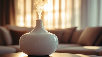 White humidifier diffuses vapor indoors providing aromatherapy wellness in relaxation setting creating tranquil atmosphere.