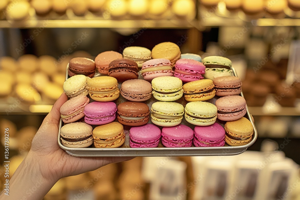Poster a colorful array of macarons are displayed on a tray, held by a person, with a bakery shelf blurred 