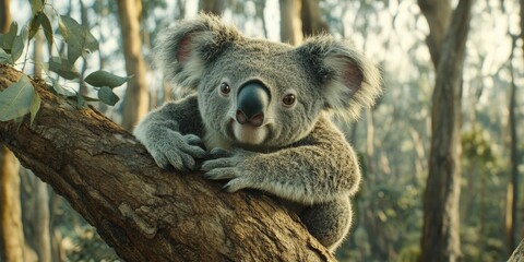 Fototapeta premium Koala perched on a branch, gazing directly at the viewer. Lush greenery and a forest backdrop create a peaceful scene