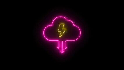 Fototapeta premium Neon cloud with lightning bolt and downward arrow glowing in pink and yellow.