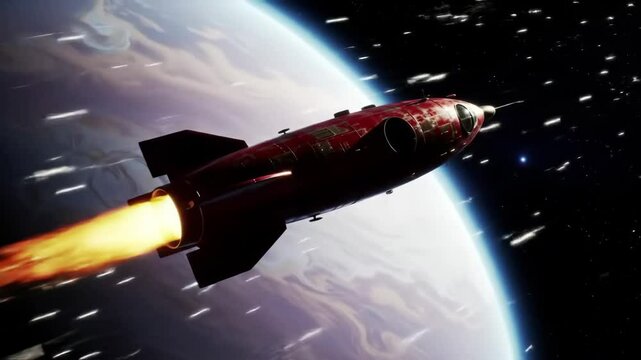 Red spacecraft launching from Earth to Mars. Futuristic space exploration and interplanetary travel concept. Rocket propulsion in cosmic environment.