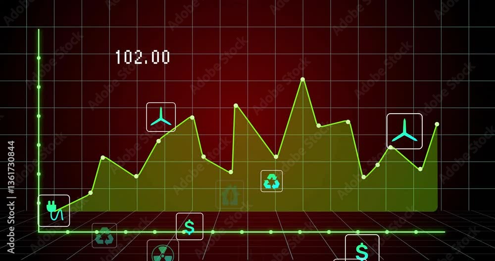 Poster animation of green energy icons with financial graph on red grid background
