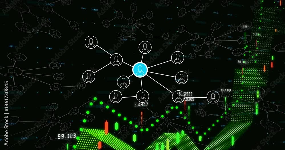 Poster network of connections and data processing animation over digital financial chart