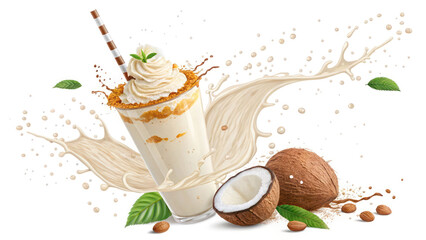 "A vibrant, high-quality 8K vector image of a coconut shake in motion, with liquid swirls and splashes, isolated on a clean white background for advertisement use."