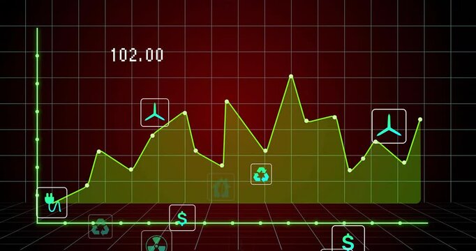 Animation of green energy icons with financial graph on red grid background