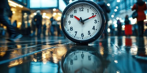 Reflections dance on a wet floor, mirroring a classic clock. A subtle human presence adds intrigue to this blurred, indoor-outdoor scene