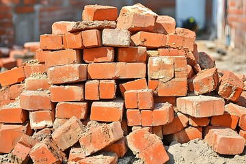 Pile of Old Red Bricks Construction Site Detail