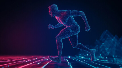 Obraz premium A digital rendering of a translucent human figure running on a neon illuminated surface in the dark