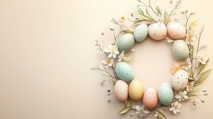 Obraz premium A beautifully arranged Easter wreath featuring pastel eggs and floral elements, perfect for spring decoration.