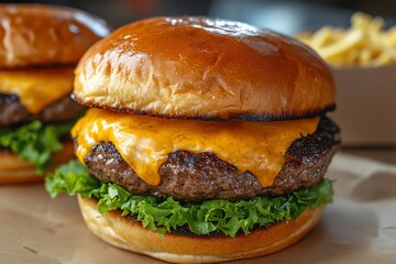 Delicious Cheeseburger with Lettuce and French Fries on Brown Paper