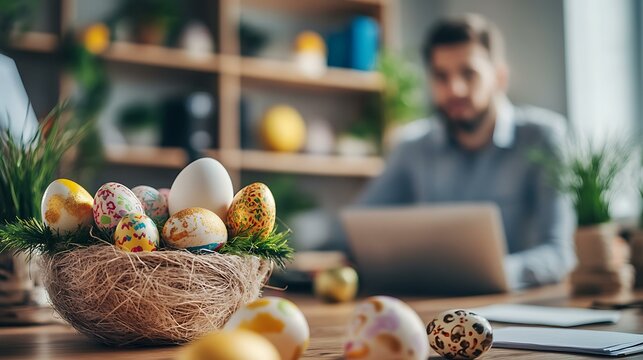 Business-savvy Latin entrepreneur concentrating on sales forecasts, festive Easter ornaments placed around the modern office