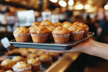 A server holding a tray of golden muffins, baked to perfection and ready to be served in a bustling cafe, tempting customers with their delicious aroma.