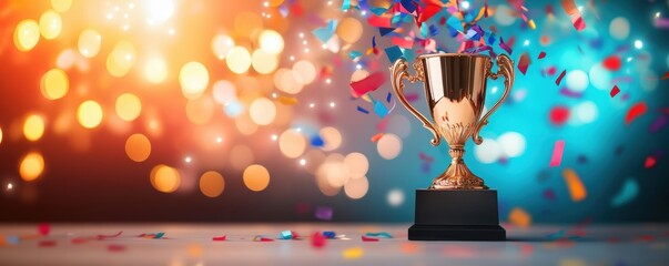 A shiny trophy surrounded by colorful confetti, set against a vibrant background, symbolizes celebration and achievement.