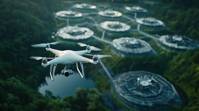 A drone captures an aerial view of a modern water treatment facility, showcasing the innovative technology and engineering in an environmentally sustainable landscape.