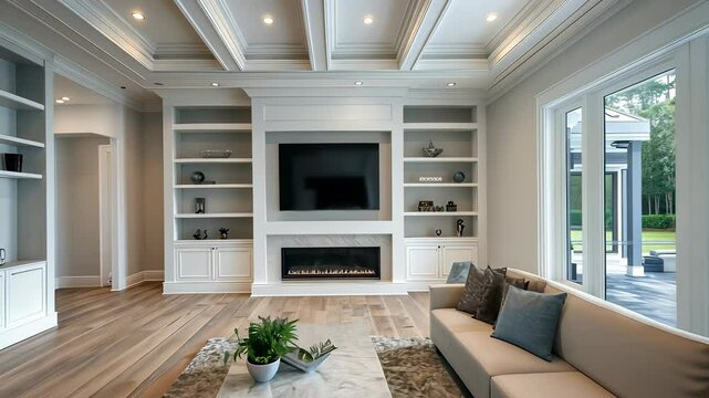 Elegant living room with modern design and natural light in a spacious home