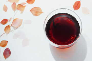 Black tea in a glass cup on a white table, close-up, white background.