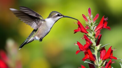 Naklejka premium Lobelia Cardinalis. Avian Beauty: Ruby-throated Hummingbird Feeding on Cardinal Flower in Backyard