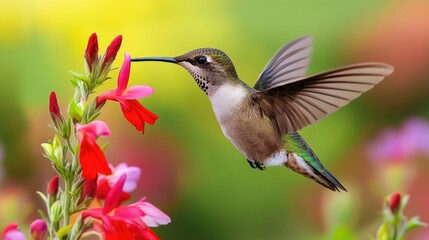 Lobelia Cardinalis. Avian Beauty: Ruby-throated Hummingbird in Flight Feeding on Cardinal Flower in Backyard