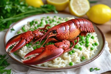 Lobster Risotto with Green Peas, Chives, and Lemon. Delicious Gourmet Meal