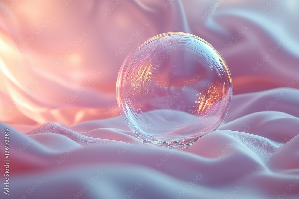 Poster captivating glass sphere resting on soft fabric with gentle light reflections in a serene environmen